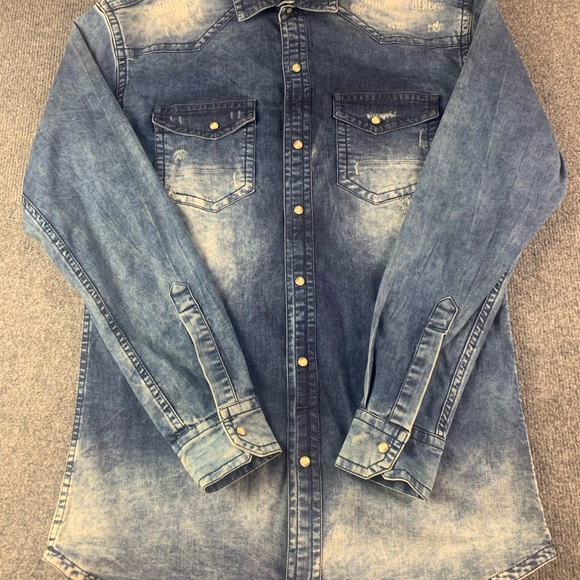 Hackett Blue Denim Slim Fit Pearl snap western Shirt Sz XL - Picture 2 of 10